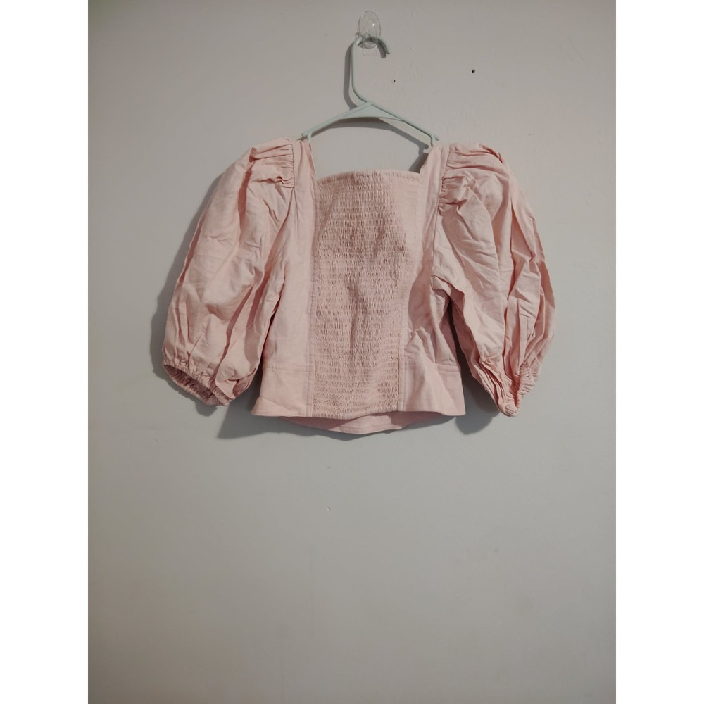 Express Womens Light Pink Puff Sleeve V-Neck Linen Blend Crop Top Size Small - Picture 5 of 5